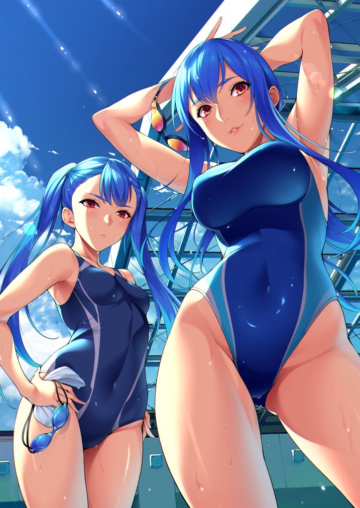 2girls, arms_behind_head, blue_hair, blue_sky, blue_swimsuit, breasts, character_request, clouds