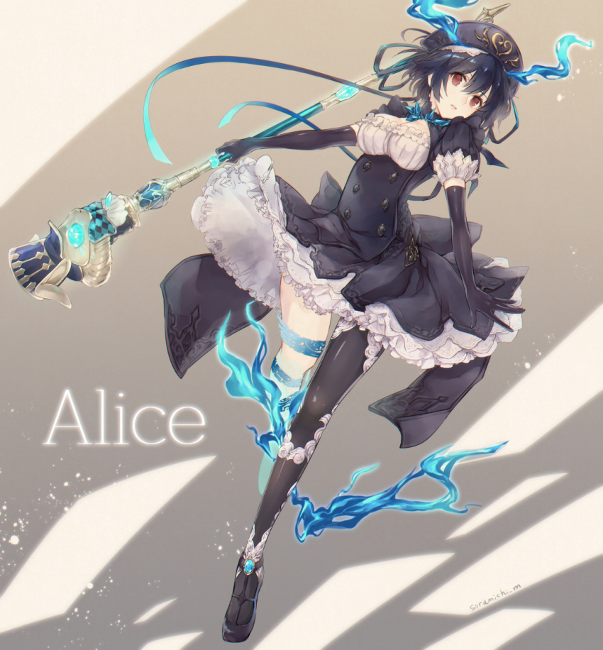 1girl, alice_(sinoalice), black_dress, black_hair, black_legwear, breasts, character_name, cleavage