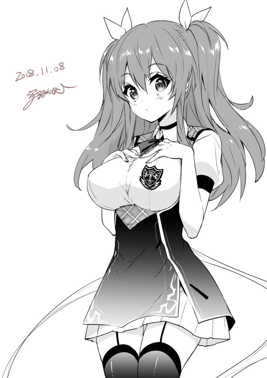1girl, 2018, absurdres, breasts, cowboy_shot, dated, greyscale, hair_ribbon