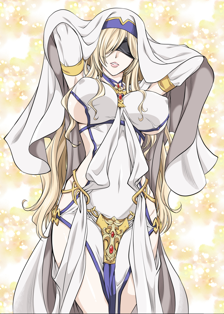 1girl, arms_behind_back, bangs, black_blindfold, blindfold, blonde_hair, breasts, covered_navel