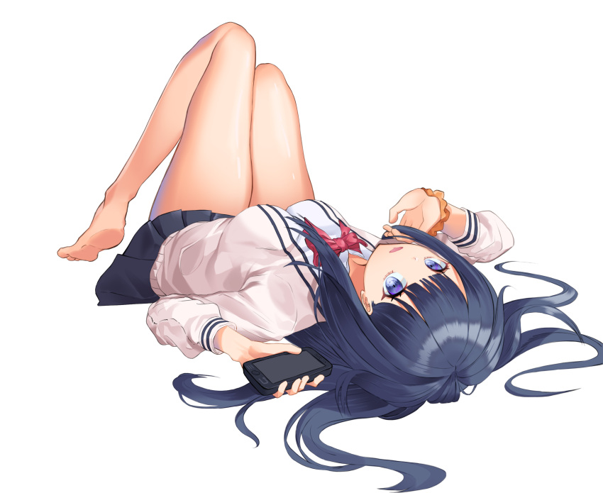1girl, absurdres, barefoot, black_hair, blue_eyes, breasts, cardigan, cellphone, hfmt7223, highres, holding, holding_phone, long_hair, looking_at_viewer, lying, on_back, phone, pleated_skirt, school_uniform, scrunchie, shirt, skirt, smartphone, ssss.gridman, tagme, takarada_rikka, thighs, toes, white_background