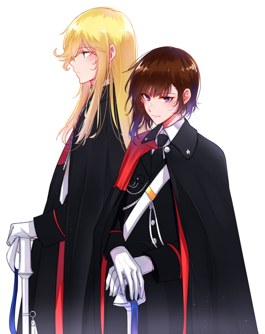 2girls, absurdres, aiguillette, bangs, black_cape, black_clothes, black_jacket, black_neckwear