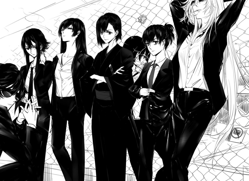 6+girls, alpha.e, aragaki_nagisa, arms_behind_head, ball, black_hair, business_suit, character_request