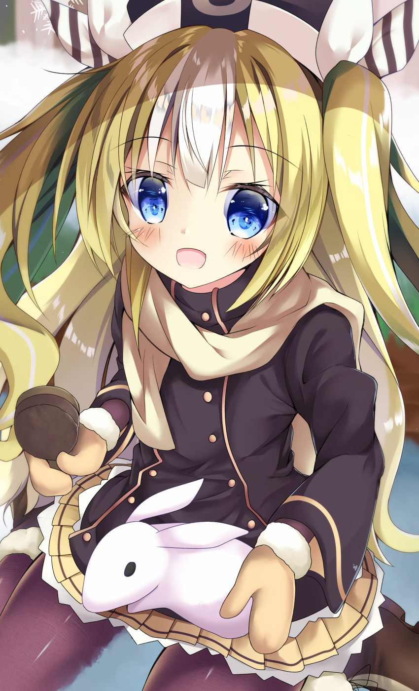 1girl, :d, animal, azur_lane, bangs, black_hat, black_legwear, black_shirt