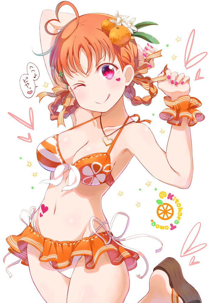 1girl, ;q, adjusting_hair_ornament, ahoge, arm_behind_head, bikini, bikini_skirt, breasts, cleavage, clenched_hands, collarbone, facial_mark, flower, food, food_themed_hair_ornament, front-tie_bikini, front-tie_top, fruit, groin, hair_flower, hair_ornament, hair_ribbon, hair_rings, halterneck, heart, heart_ahoge, heart_pendant, kitahara_tomoe_(kitahara_koubou), leaf_hair_ornament, leg_up, looking_at_viewer, love_live!, love_live!_sunshine!!, mandarin_orange, medium_breasts, nail_polish, navel, one_eye_closed, orange_bikini, orange_hair_ornament, orange_ribbon, orange_scrunchie, pink_nails, platform_footwear, red_eyes, ribbon, sandals, scrunchie, side-tie_bikini, solo, star, stomach_tattoo, striped, striped_ribbon, swimsuit, takami_chika, tattoo, tongue, tongue_out, translation_request, twitter_username, white_background, white_flower, wrist_scrunchie