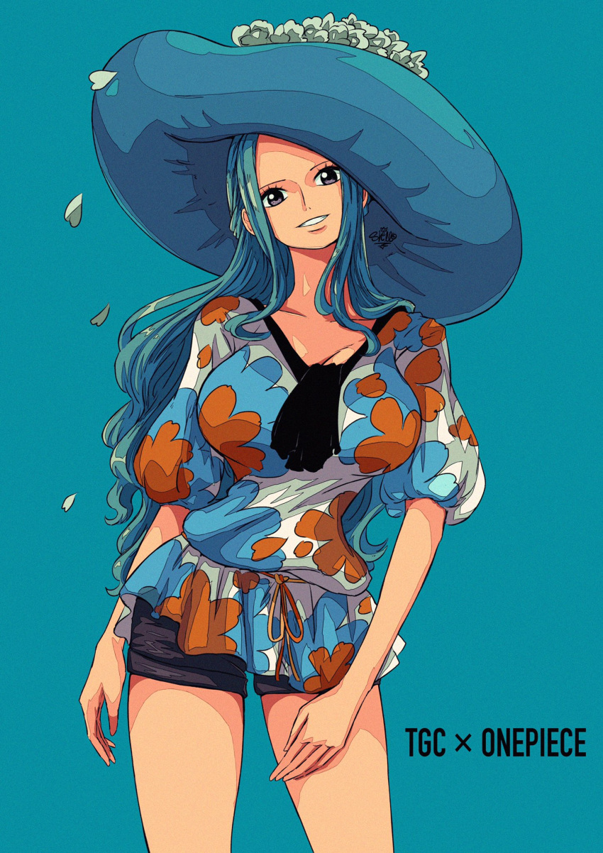 1girl, arm_at_side, ascot, black_eyes, black_neckwear, black_shorts, blouse, blue_background