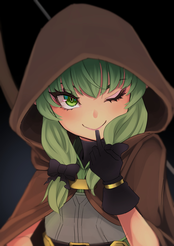 atatatamu, black_bow, black_gloves, blush, bow, bow_(weapon), cloak, crossbow