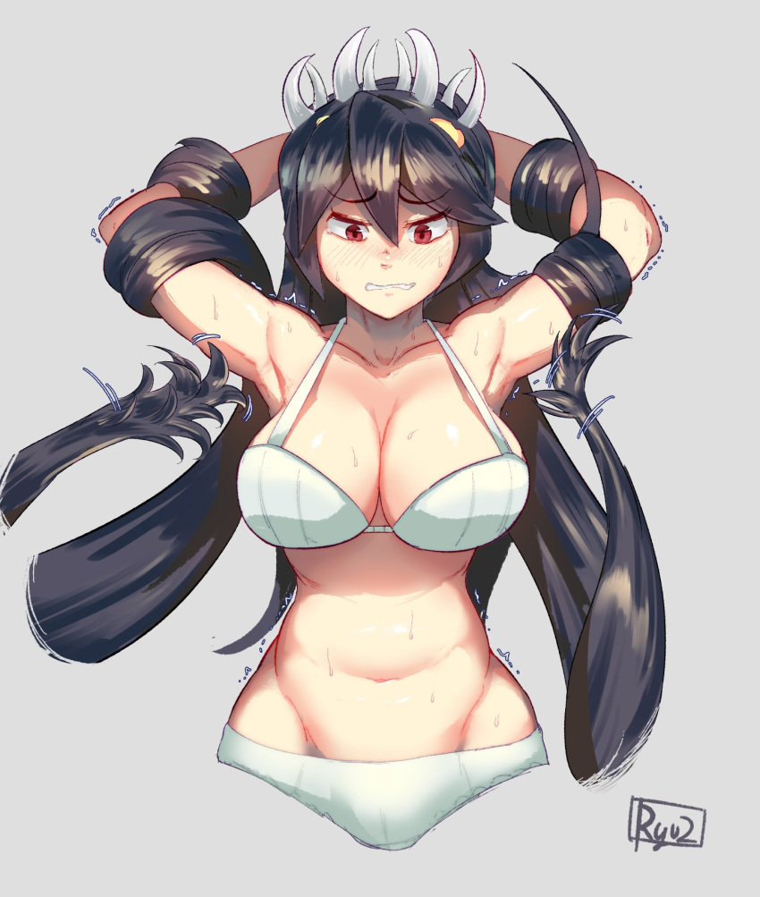 1girl, armpits, arms_behind_head, arms_up, belly, black_hair, blush, bra, breasts, cleavage, clenched_teeth, cowboy_shot, cropped_legs, filia_(skullgirls), grey_background, grimace, groin, hair_between_eyes, hair_bondage, half-closed_eyes, highres, large_breasts, long_hair, looking_at_viewer, navel, panties, plump, prehensile_hair, red_eyes, restrained, ryuji_(red-truth), samson_(skullgirls), sharp_teeth, signature, simple_background, skullgirls, slender_waist, stomach, sweat, teeth, tickling, underwear, underwear_only, very_long_hair, wavy_mouth, white_bra, white_panties