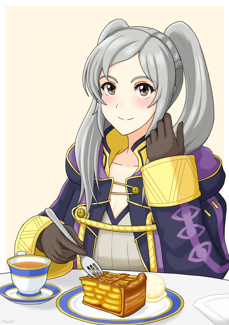 1girl, brown_eyes, cake, cup, cute, female_my_unit_(fire_emblem:_kakusei), fire_emblem, fire_emblem:_kakusei, gloves, ice_cream, long_hair, miven, my_unit_(fire_emblem:_kakusei), nintendo, parted_lips, pie, robin, solo, tagme, tea, twintails, white_hair