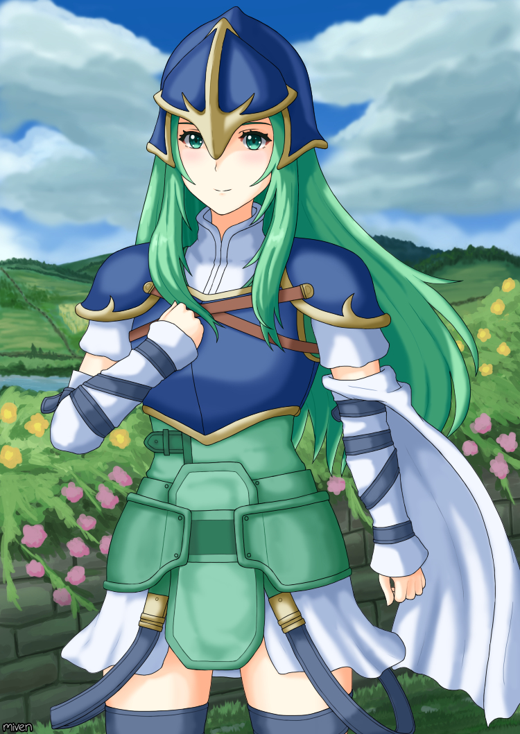 1girl, fire_emblem, fire_emblem:_akatsuki_no_megami, fire_emblem:_souen_no_kiseki, green_hair, helmet, long_hair, miven