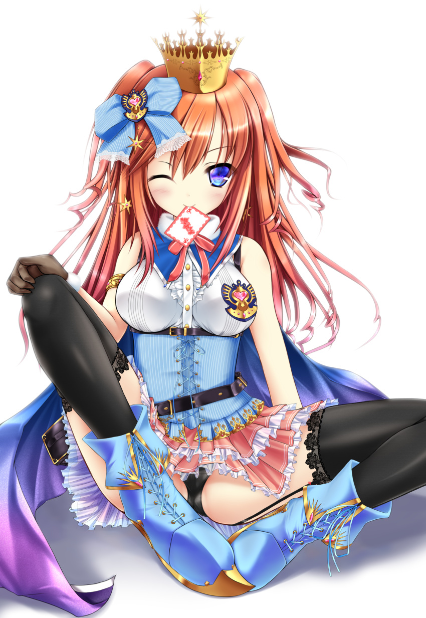 1girl, ;), alice_(sennen_sensou_aigis), armlet, belt, black_legwear, black_panties, blue_cape, blue_eyes, blue_footwear, boots, breasts, brown_gloves, cape, crown, frilled_skirt, frills, gloves, highres, knee_up, looking_at_viewer, medium_breasts, mouth_hold, one_eye_closed, panties, pantyshot, pantyshot_(sitting), pink_skirt, redhead, sennen_sensou_aigis, sitting, skirt, smile, solo, thigh-highs, underwear, usa_shouya, white_background