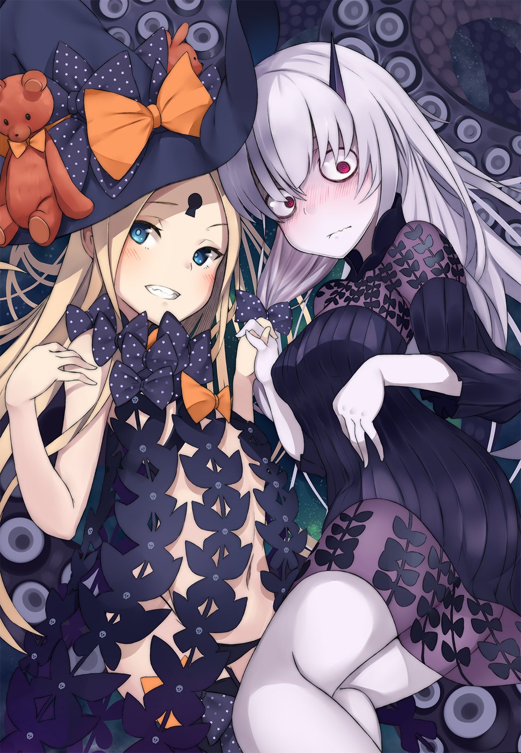 2girls, abigail_williams_(fate/grand_order), bags_under_eyes, bangs, bare_shoulders, beriko_(dotera_house), black_bow, black_dress