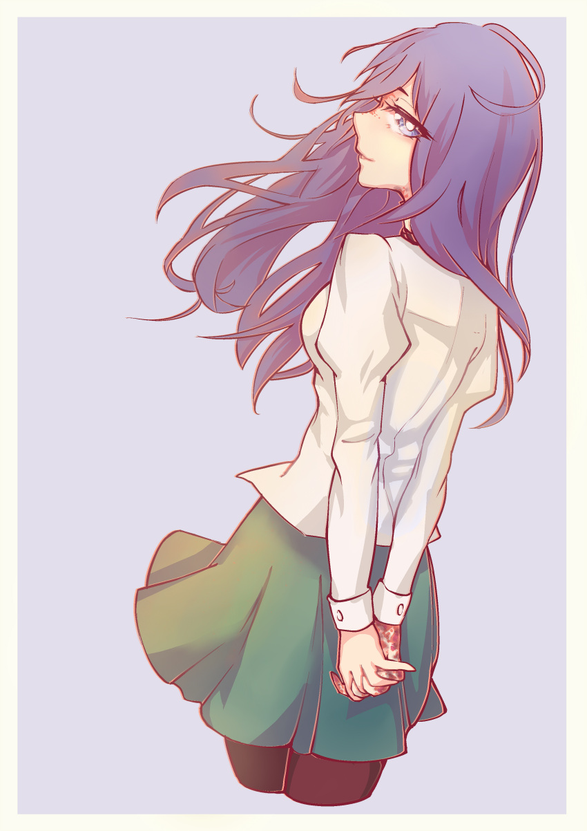 1girl, absurdres, arms_behind_back, black_legwear, blue_background, blue_eyes, blue_hair, bullfinch, burn_scar, cropped_legs, eyes_visible_through_hair, green_skirt, highres, ikezawa_hanako, interlocked_fingers, juliet_sleeves, katawa_shoujo, light_smile, long_hair, long_sleeves, looking_at_viewer, looking_back, pantyhose, puffy_sleeves, scar, school_uniform, shirt, simple_background, skirt, solo, white_shirt