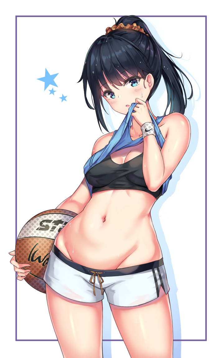 1girl, ball, bangs, basketball, black_bra, black_hair, blue_eyes, blush, bra, breasts, cenangam, cleavage, eyebrows_visible_through_hair, from_behind, groin, holding, holding_ball, long_hair, looking_at_viewer, medium_breasts, navel, nike, open_mouth, orange_scrunchie, outside_border, panties, ponytail, scrunchie, short_shorts, shorts, simple_background, singlet, solo, sports_bra, ssss.gridman, star, stomach, sweat, takarada_rikka, thighs, underwear, white_background, wiping_sweat, wristband