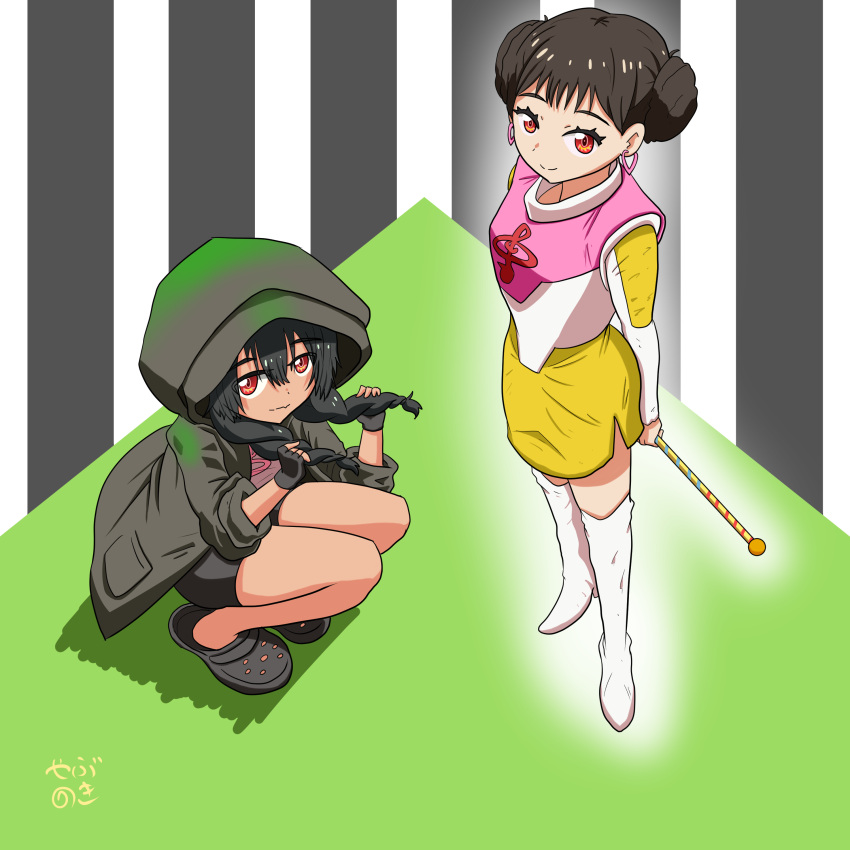 2girls, absurdres, anoshiras_(ssss.gridman), baton, boots, braid, cheerleader, crossover