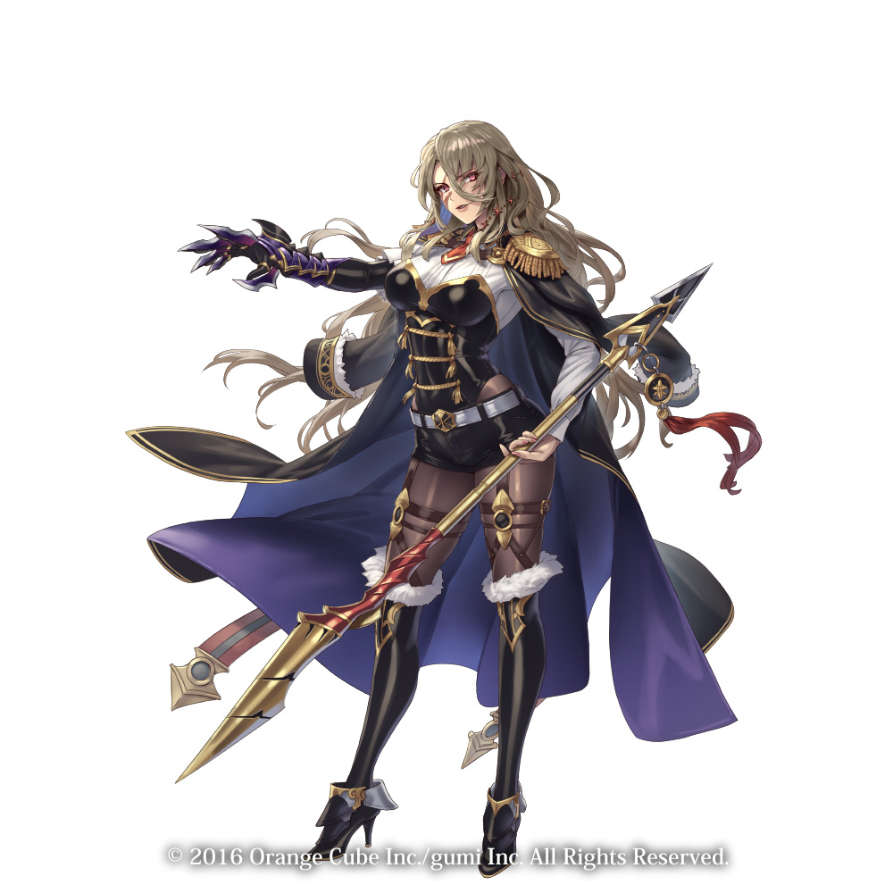 1girl, bangs, belt, blonde_hair, boots, bustier, cape, copyright, crystal_of_re:union, cuboon, epaulettes, eyebrows_visible_through_hair, facial_scar, fur_trim, garter_straps, gauntlets, hair_ornament, high_heels, holding, holding_spear, holding_weapon, knee_boots, long_hair, military, military_uniform, official_art, outstretched_arm, parted_lips, polearm, red_neckwear, scar, scar_on_cheek, shirt, short_shorts, shorts, spear, standing, uniform, weapon, white_shirt