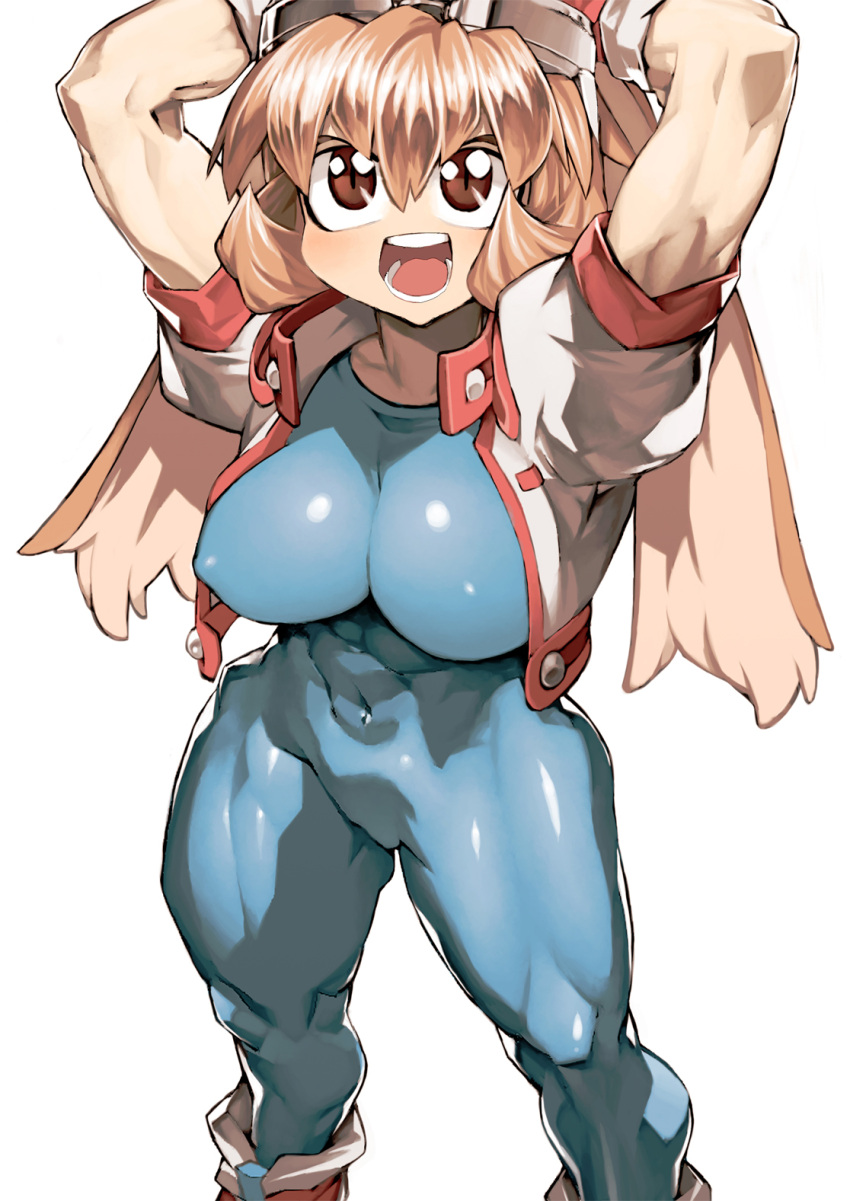 1girl, animal_ears, arms_up, breasts, brown_eyes, brown_hair, commentary, commentary_request