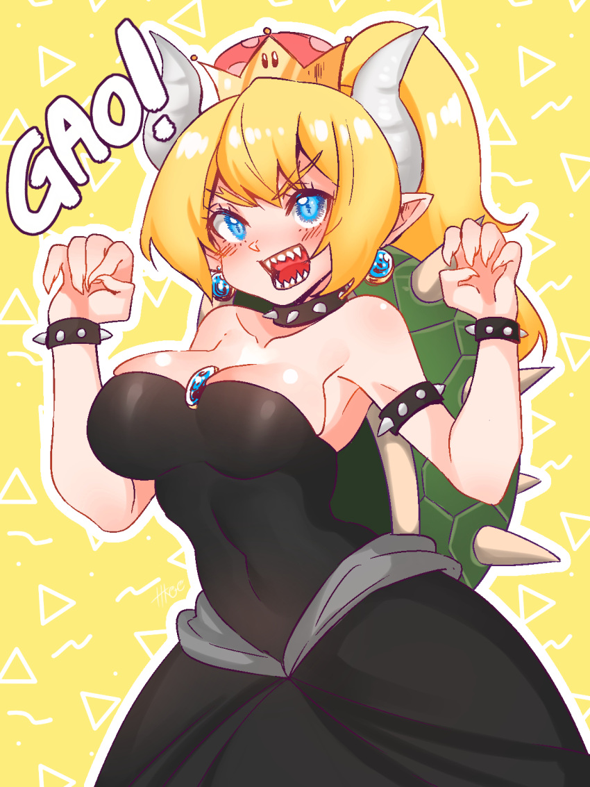 1girl, bare_shoulders, black_collar, black_dress, blonde_hair, blue_eyes, blush, bowsette, bracelet, breasts, cleavage, collar, covered_navel, cowboy_shot, crown, dress, earrings, eyebrows_visible_through_hair, fingernails, hands_up, highres, hkoo, horns, jewelry, large_breasts, long_hair, super_mario_bros., new_super_mario_bros._u_deluxe, nintendo, outline, pointy_ears, ponytail, sharp_fingernails, sharp_teeth, solo, spiked_armlet, spiked_bracelet, spiked_collar, spiked_shell, spikes, strapless, strapless_dress, super_crown, teeth, turtle_shell, yellow_background