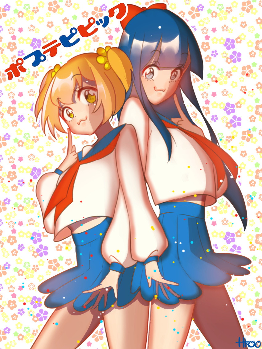 2girls, aqua_eyes, ascot, bangs, blonde_hair, blue_skirt, blunt_bangs, blush