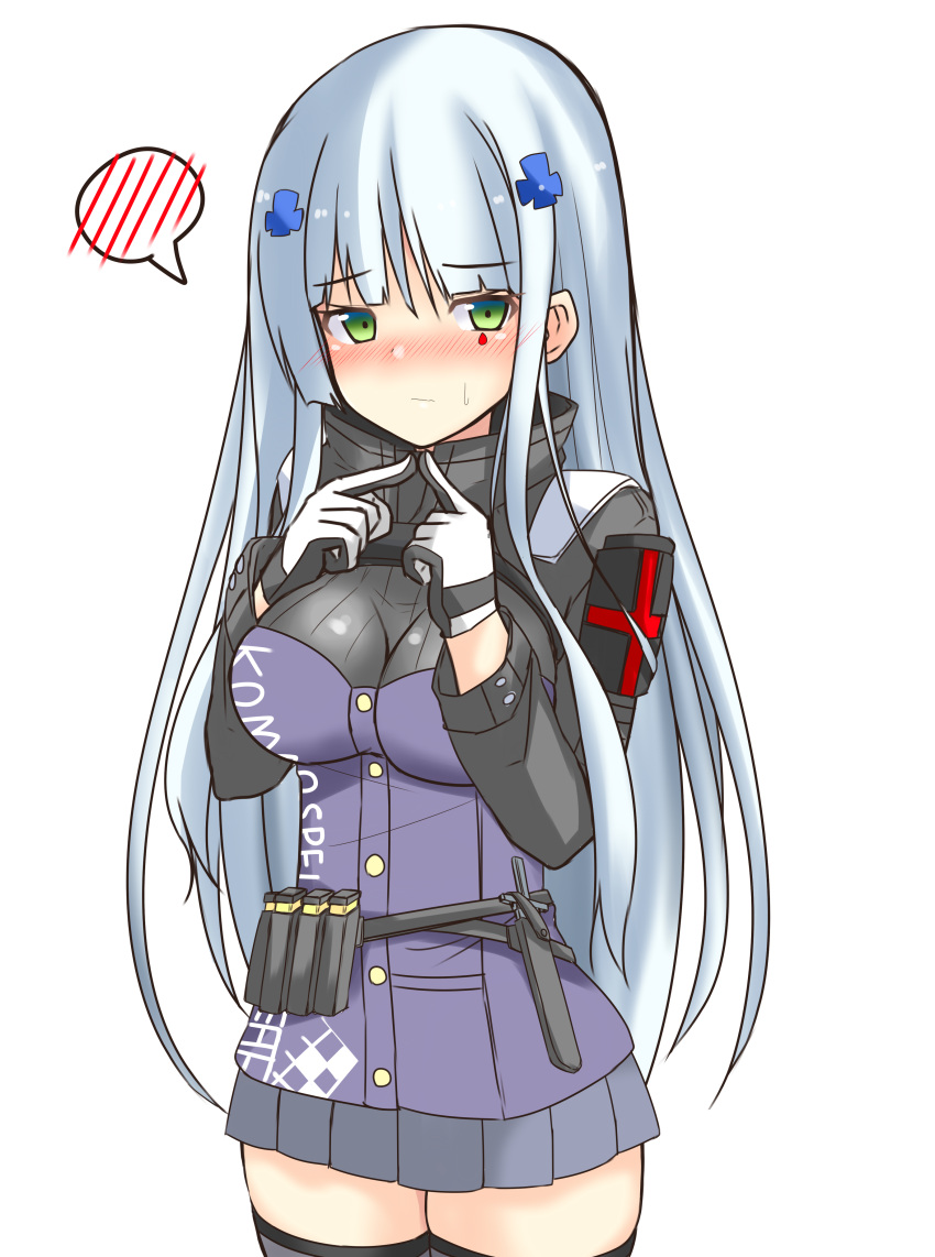 absurdres, blush, breasts, eyebrows_visible_through_hair, finger_touching, girls_frontline, gloves, green_eyes, highres, hk416_(girls_frontline), medium_breasts, raion_(inoueraion), simple_background, spoken_blush, teardrop, white_background
