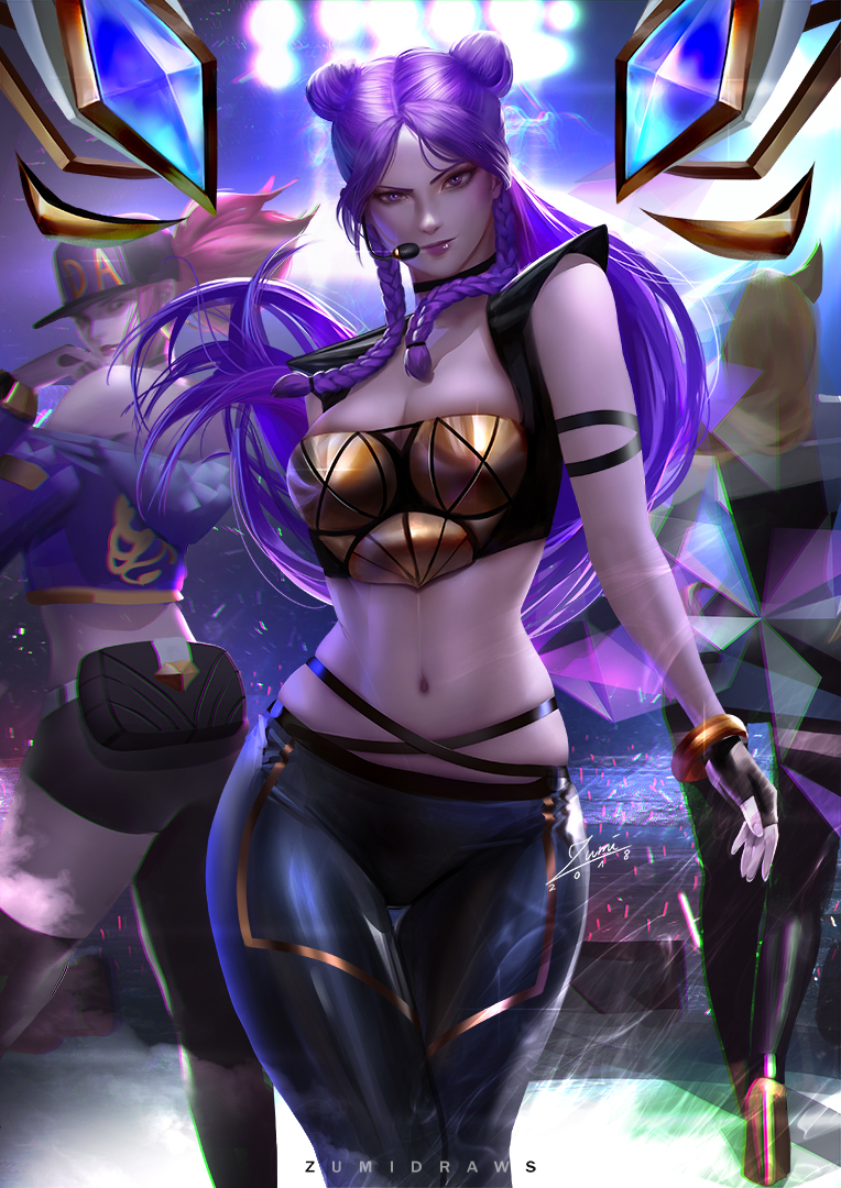 3girls, ahri, akali, animal_ears, artist_name, asymmetrical_clothes, asymmetrical_legwear, bangle