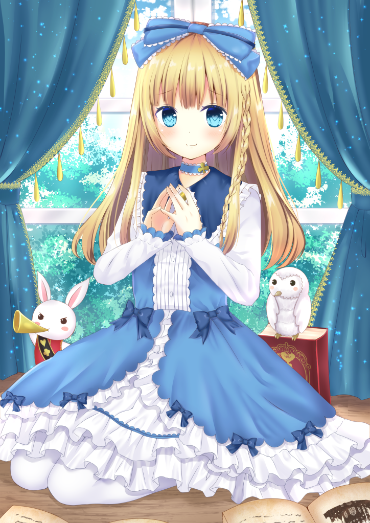 1girl, artist_request, blonde_hair, blue_bow, blue_choker, blue_dress, blue_eyes, blush, book, bow, choker, copyright_request, curtains, day, dress, fingers_together, frilled_dress, frills, hair_bow, indoors, long_hair, long_sleeves, looking_at_viewer, official_art, open_book, pantyhose, rabbit, seiza, sitting, smile, solo, stuffed_animal, stuffed_owl, stuffed_toy, tree