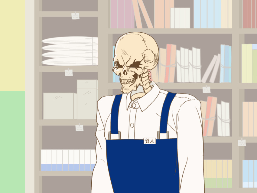 ainz_ooal_gown, apron, blue_apron, bookshelf, gaikotsu_shotenin_honda-san, highres, honda-san, imaani