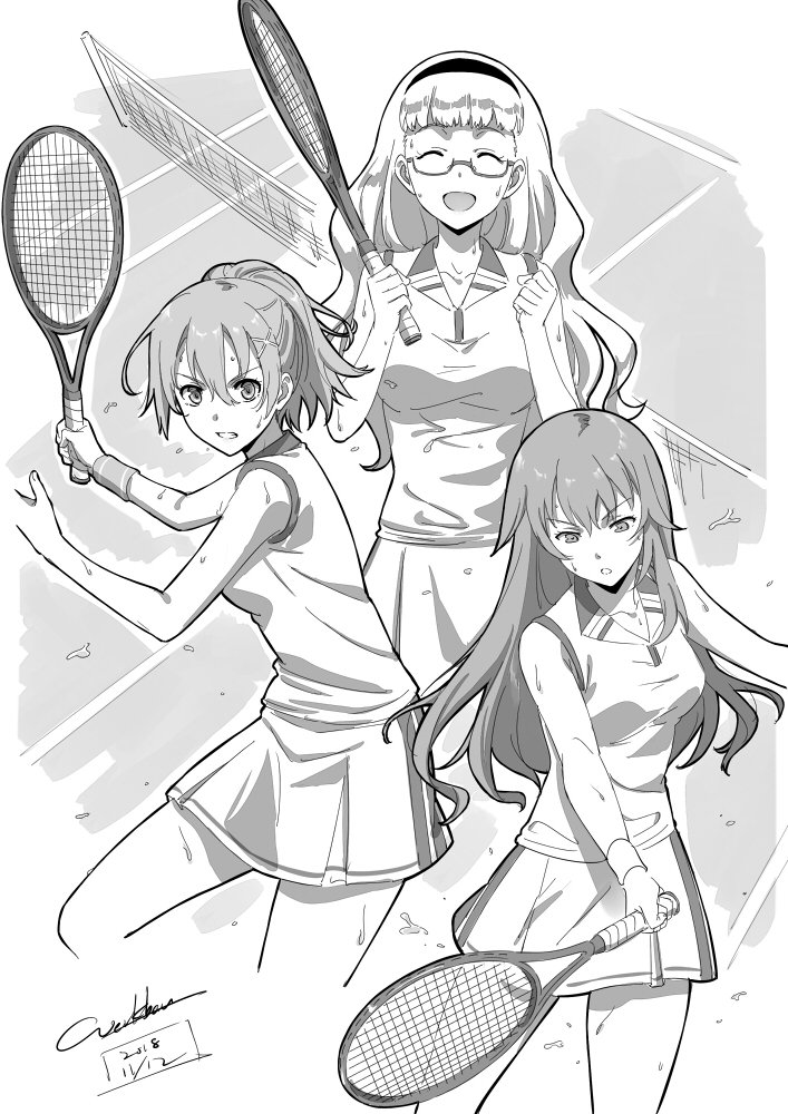 3girls, artist_name, bangs, blunt_bangs, breasts, clenched_teeth, closed_eyes, cowboy_shot, dated, eiyuu_densetsu, greyscale, hair_ornament, hairband, hairclip, jessica_schleiden, juna_crawford, long_hair, looking_at_viewer, luise_(eiyuu_densetsu), medium_breasts, monochrome, multiple_girls, open_mouth, ponytail, racket, sen_no_kiseki, shirt, short_hair, signature, skirt, sleeveless, sleeveless_shirt, smile, sweat, sweatband, swinging, teeth, tennis_net, tennis_racket, werkbau, white_background