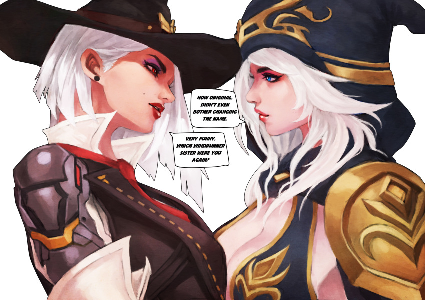 2girls, absurdres, ashe_(league_of_legends), ashe_(overwatch), asymmetrical_hair, blue_eyes, breast_press, breasts