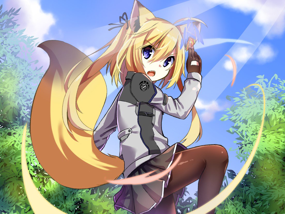 >:o, 1girl, animal_ear_fluff, animal_ears, black_legwear, blonde_hair, blue_eyes, blue_sky