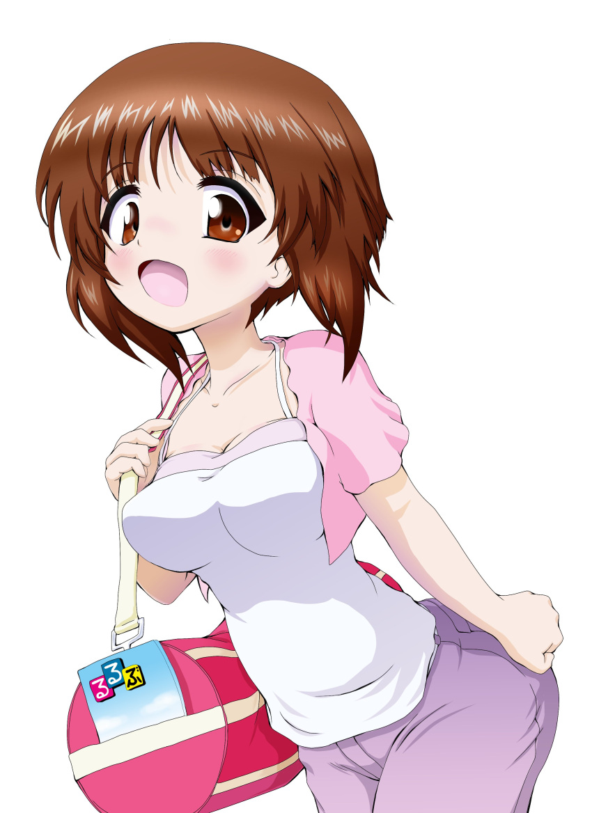 1girl, :d, absurdres, bangs, blush, breasts, brown_eyes, brown_hair