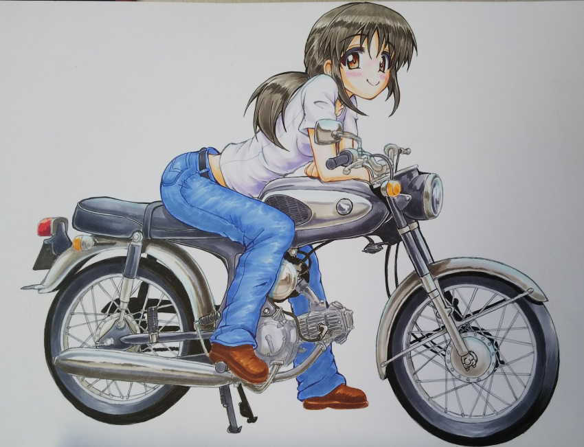 1girl, bangs, black_belt, black_hair, blue_pants, blush, brown_eyes, brown_footwear, closed_mouth, colored_pencil_(medium), commentary_request, crossed_arms, daxz240r, denim, eyebrows_visible_through_hair, ground_vehicle, hair_tie, highres, jeans, long_hair, looking_at_viewer, motor_vehicle, motorcycle, original, pants, photo_(object), ponytail, riding, shirt, shoes, short_sleeves, simple_background, sitting, smile, solo, t-shirt, traditional_media, vehicle_request, white_background, white_shirt