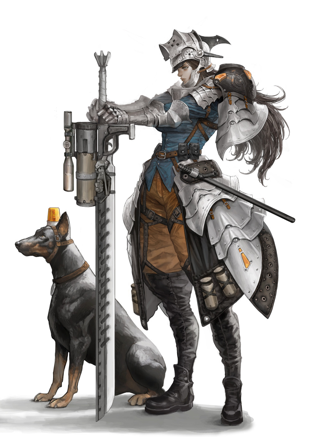 1girl, animal, armor, armored_skirt, baton, belt, black_footwear, black_legwear