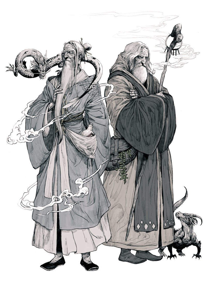 2boys, beard, crossed_arms, dragon, facial_hair, greyscale, hair_ornament, hair_stick