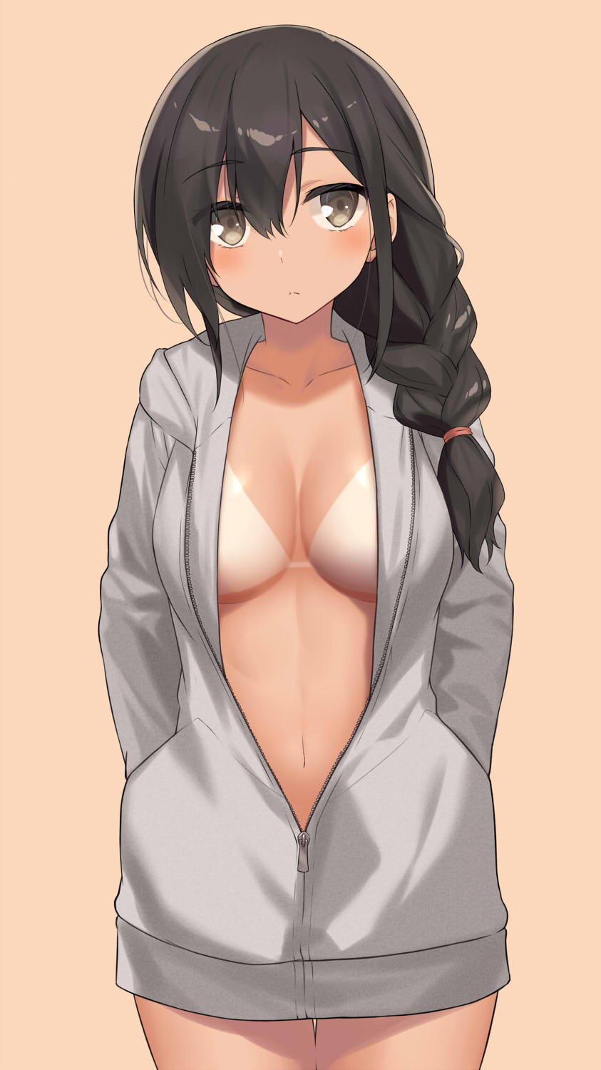 1girl, bikini_tan, black_hair, blush, braid, breasts, brown_eyes, cccpo