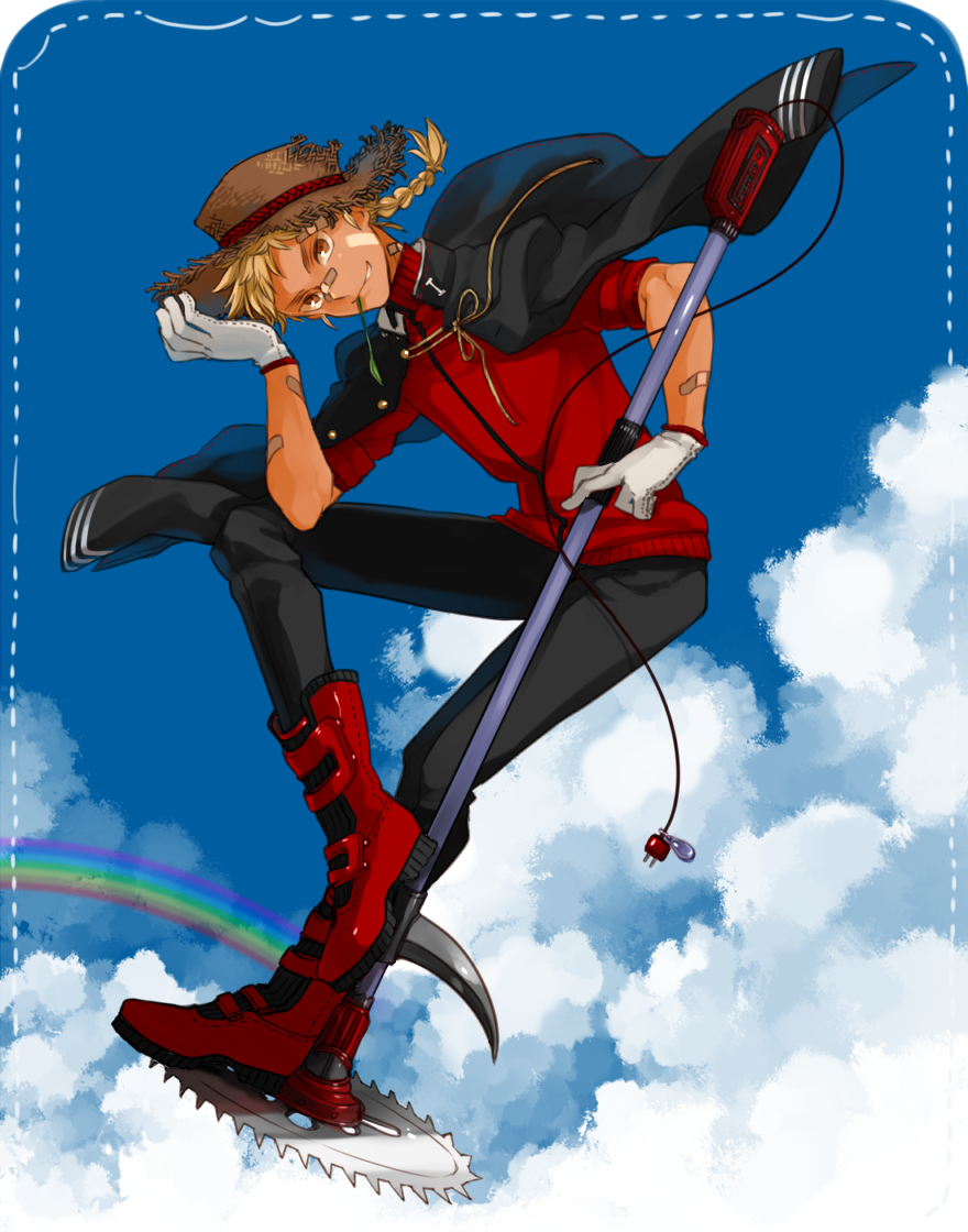 1boy, bandaid, bandaid_on_arm, bandaid_on_nose, black_pants, blonde_hair, blue_sky, boots, braided_ponytail, clouds, day, full_body, gloves, hand_up, hat, jacket_on_shoulders, male_focus, mouth_hold, outdoors, pants, rain, red_footwear, red_shirt, shirt, short_sleeves, sky, solo, standing, straw_hat, tools, touran-sai, vitaaaaan, weed_whacker, white_gloves