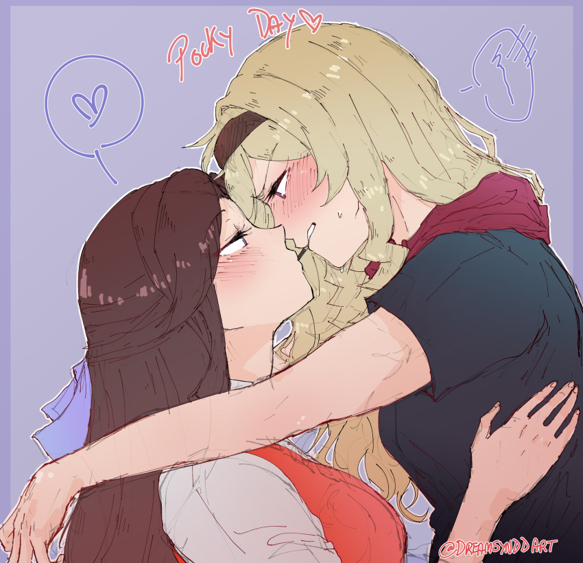 2girls, absurdres, black_shirt, blonde_hair, blue_ribbon, blush, brown_eyes, brown_hair