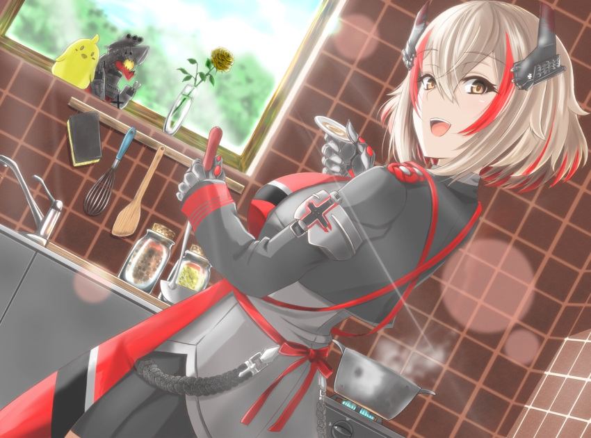 1girl, apron, armband, azur_lane, bangs, black_jacket, blonde_hair, blue_sky
