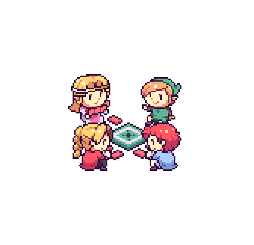 2boys, 2girls, animated, animated_gif, bangs, blonde_hair, board_game, commentary