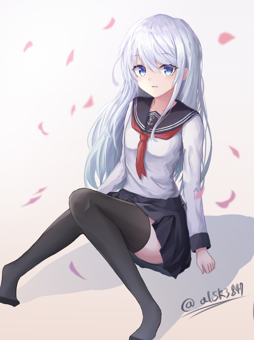 1girl, absurdres, black_legwear, black_sailor_collar, black_skirt, blue_eyes, collarbone, eyebrows_visible_through_hair