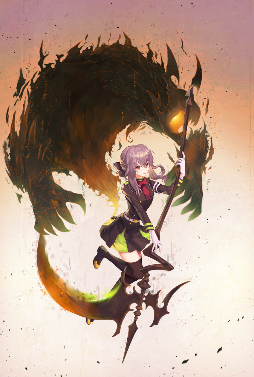 1girl, :d, absurdres, belt, black_bow, black_footwear, black_jacket, black_legwear, black_skirt, boots, bow, bowtie, braid, crown_braid, floating_hair, full_body, gloves, hair_between_eyes, hair_bow, highres, hiiragi_shinoa, holding, holding_scythe, jacket, knee_boots, lavalliere, leg_up, long_hair, long_sleeves, military, military_uniform, miniskirt, open_mouth, owari_no_seraph, pleated_skirt, purple_hair, red_bow, red_eyes, red_neckwear, scythe, shiny, shiny_hair, sidelocks, skirt, smile, solo, thigh-highs, u_mai, uniform, white_gloves, zettai_ryouiki