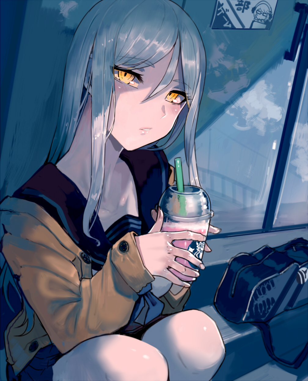 1girl, bag, bench, commentary_request, cup, drinking_straw, hair_between_eyes, headphones