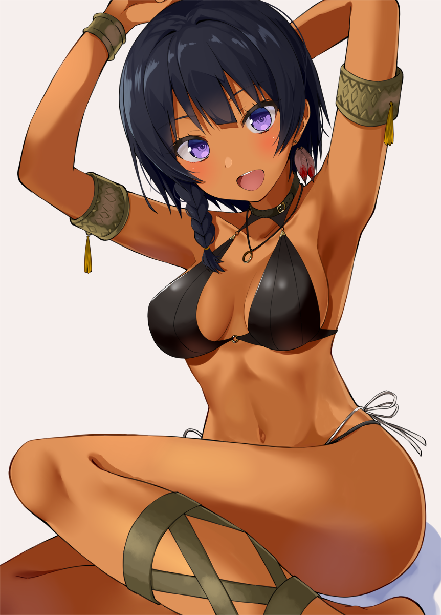 1girl, :d, armlet, armpits, arms_behind_head, arms_up, bangs, belt_collar