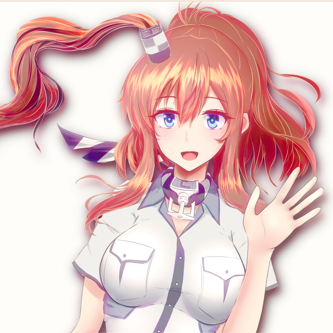 1girl, blue_eyes, breast_pocket, breasts, brown_hair, close-up, dress, gensounokyoukai, hair_between_eyes, hair_ornament, kantai_collection, large_breasts, open_mouth, pocket, ponytail, remodel_(kantai_collection), saratoga_(kantai_collection), side_ponytail, sidelocks, simple_background, smokestack, solo, upper_body, waving, white_background, white_dress