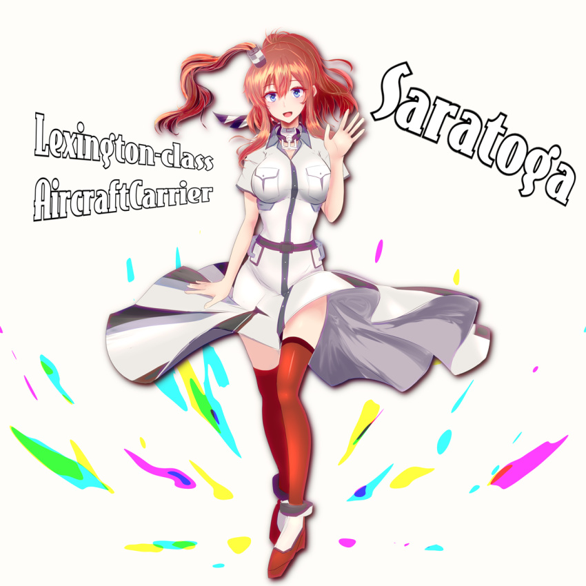 1girl, blue_eyes, breast_pocket, breasts, brown_hair, character_name, dress, full_body, gensounokyoukai, hair_between_eyes, hair_ornament, highres, kantai_collection, large_breasts, open_mouth, pocket, ponytail, red_legwear, remodel_(kantai_collection), saratoga_(kantai_collection), side_ponytail, sidelocks, simple_background, smokestack, solo, thigh-highs, waving, white_background, white_dress