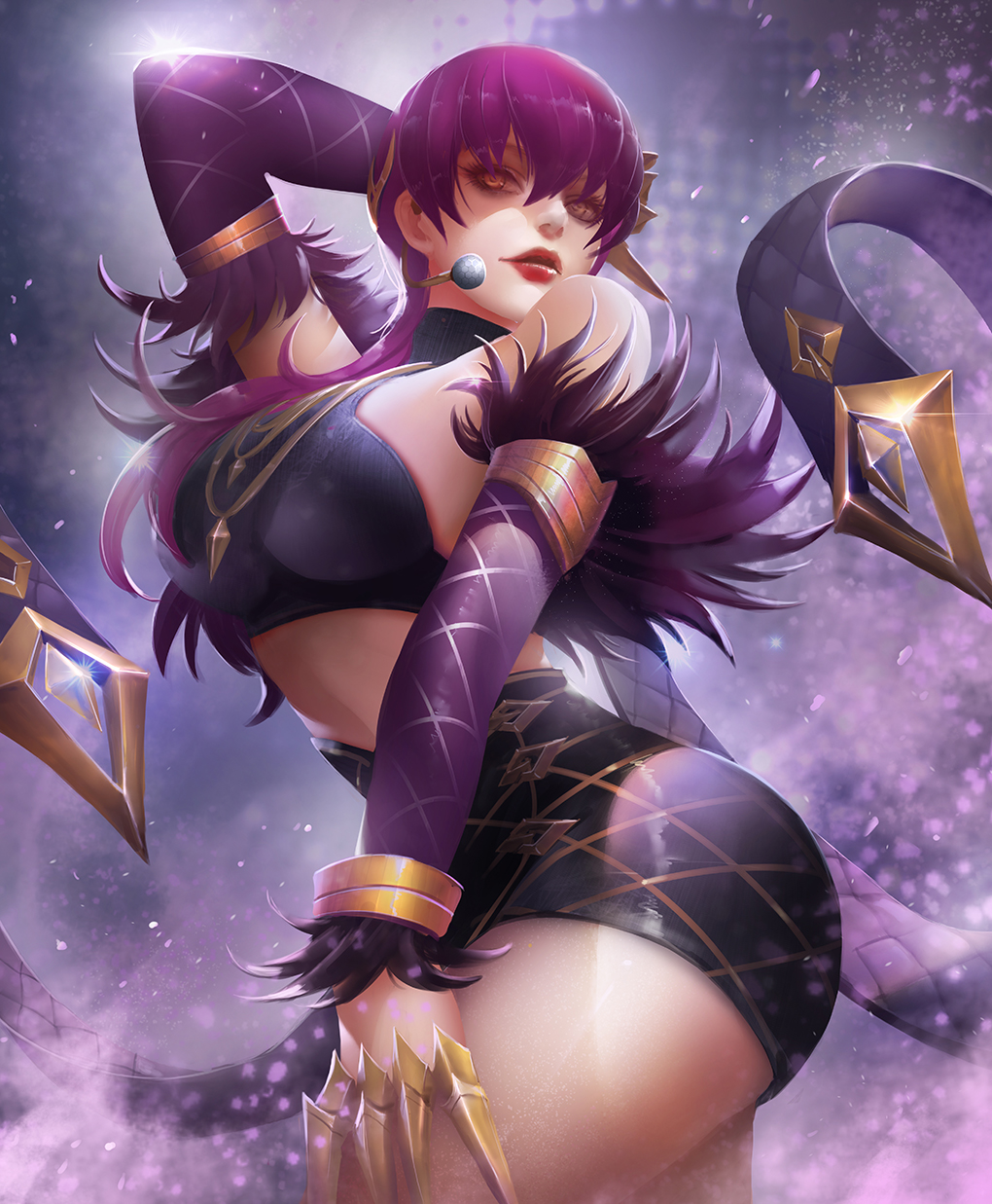 1girl, arched_back, arm_up, ass, bare_shoulders, breasts, brown_eyes, commentary