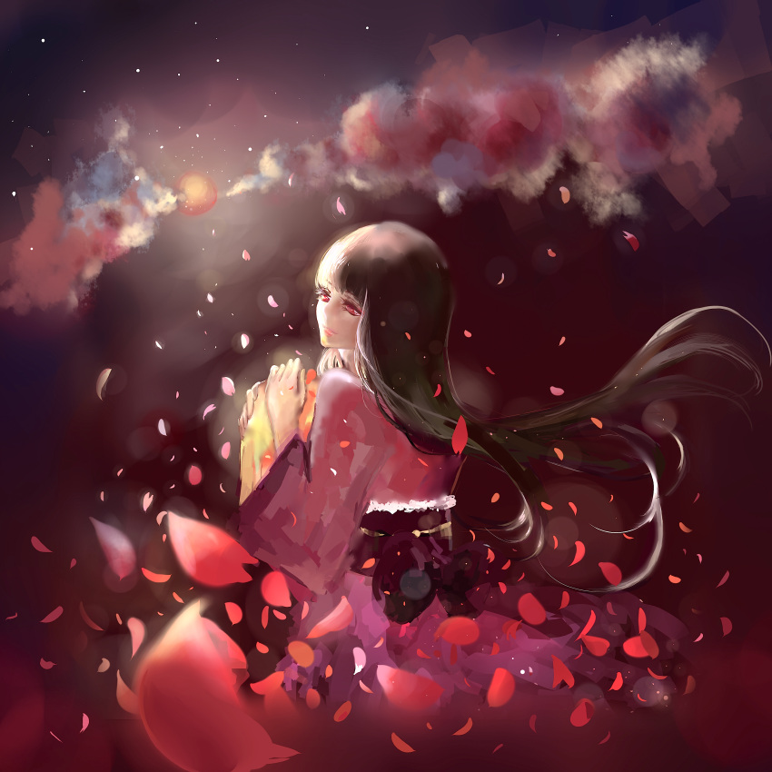 1girl, absurdres, backlighting, cherry_blossoms, clouds, dark_background, hands_up, hazelraccoon