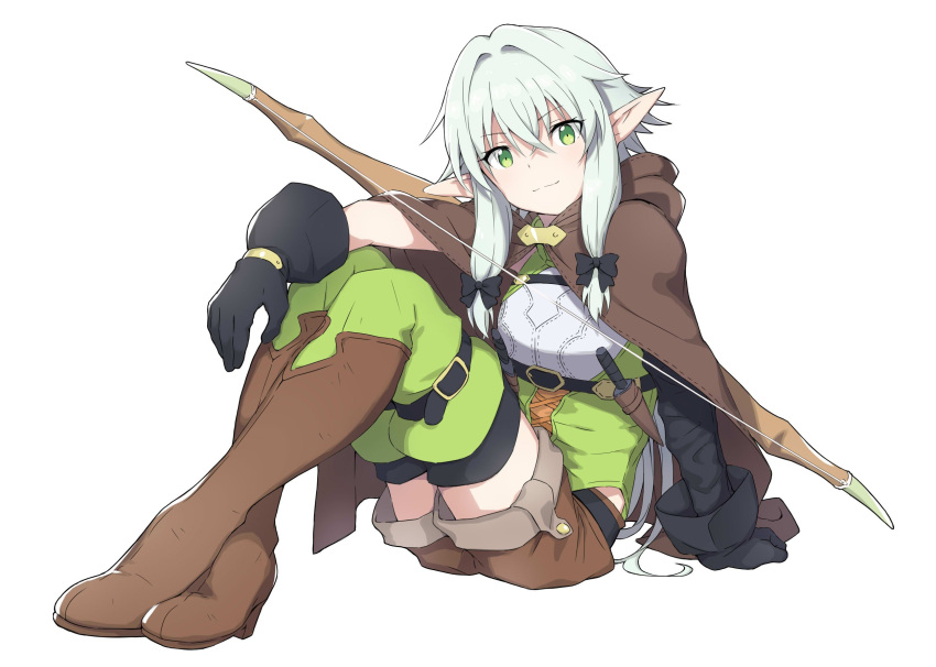 2girls, black_bow, boots, bow, cloak, elf, full_body, goblin_slayer!