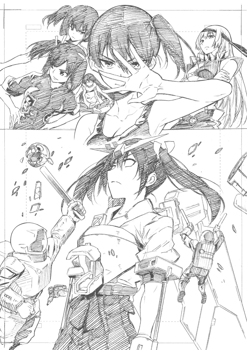 6+girls, absurdres, akagi_(kantai_collection), alternate_costume, armpits, arms_up, breasts, chang_wufei, chang_wufei_(cosplay), closed_eyes, clown, cockpit, collarbone, commentary_request, cosplay, crossed_arms, debris, duo_maxwell, duo_maxwell_(cosplay), enemy_aircraft_(kantai_collection), expressionless, floating, graphite_(medium), greyscale, gundam, gundam_wing, hair_ribbon, hairband, hands_on_hips, heero_yuy, heero_yuy_(cosplay), highres, hiryuu_(kantai_collection), indian_style, japanese_clothes, kaga_(kantai_collection), kantai_collection, kojima_takeshi, long_hair, looking_at_viewer, machinery, medium_breasts, monochrome, multiple_girls, muneate, no_pupils, pants, pleated_skirt, quatre_raberba_winner, quatre_raberba_winner_(cosplay), ribbon, scarf, short_hair, shoukaku_(kantai_collection), side_ponytail, sitting, skirt, sleeveless, sleeves_rolled_up, smile, souryuu_(kantai_collection), spacesuit, tank_top, traditional_media, traffic_baton, trowa_barton, trowa_barton_(cosplay), twintails, wing_gundam, zuikaku_(kantai_collection)