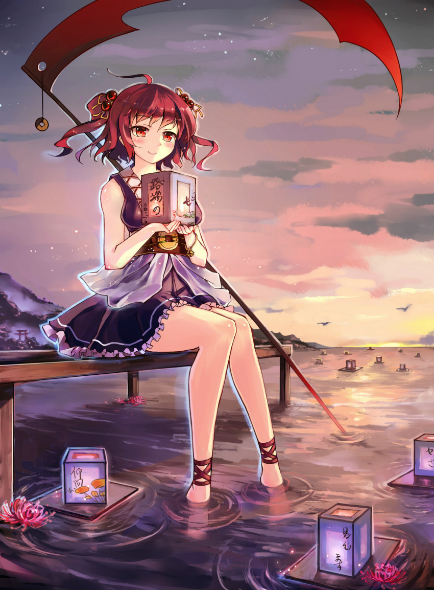 1girl, adapted_costume, afloat_lantern, alternate_weapon, ankle_cuffs, anklet, barefoot, coin, flower, g.h_(gogetsu), hair_bobbles, hair_ornament, highres, jewelry, lantern, obi, onozuka_komachi, red_eyes, redhead, sash, scythe, short_hair, sitting, skirt, sleeveless, smile, soaking_feet, solo, touhou, two_side_up, water, weapon